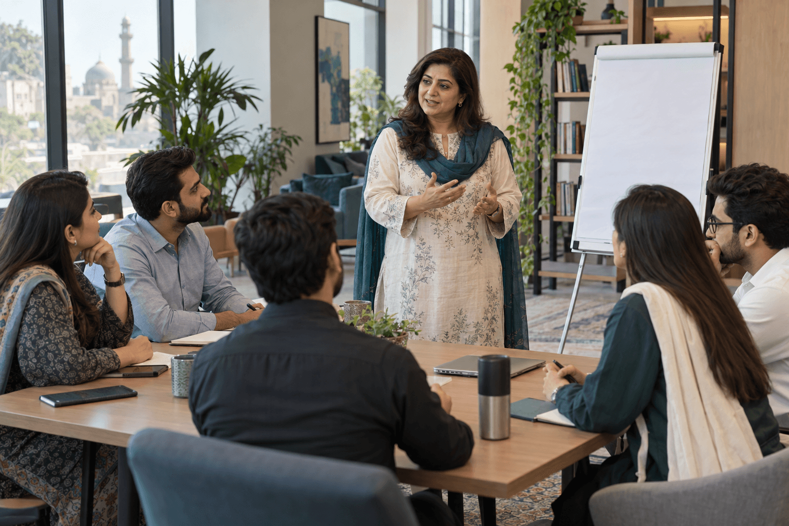 A facilitator leading a discussion with colleagues beside a flipchart.
