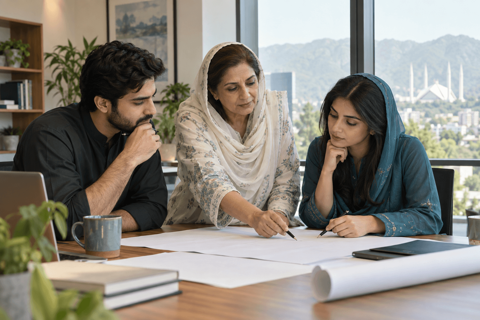 Three colleagues reviewing ideas together at a workspace.