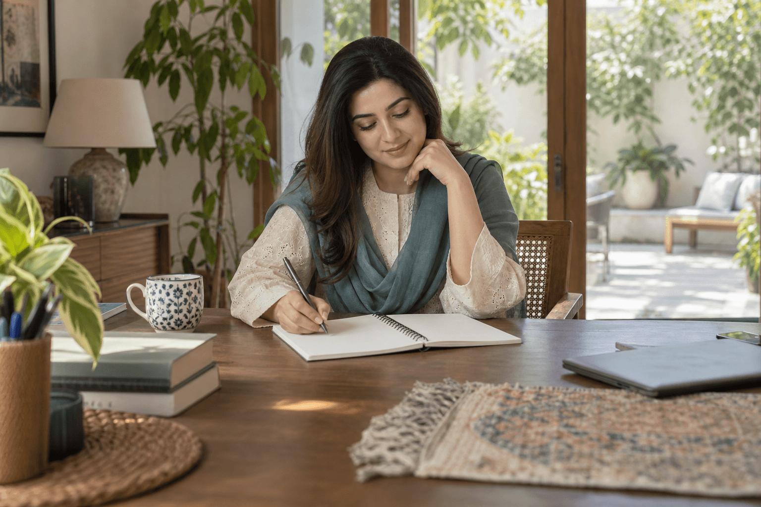 A woman reflecting with a notebook at a sunlit table.
