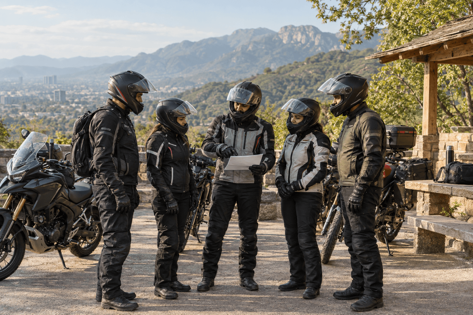 Motorcyclists in protective equipment reviewing a plan beside parked motorcycles.